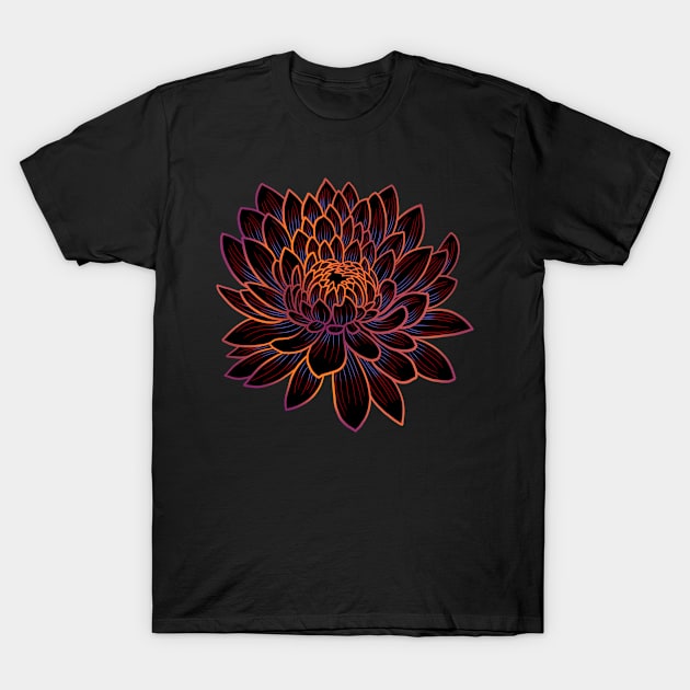 Colorful chrysanthemum or Mums flower drawing - faded orange with red and blue lines in the petals. T-Shirt by DaveDanchuk